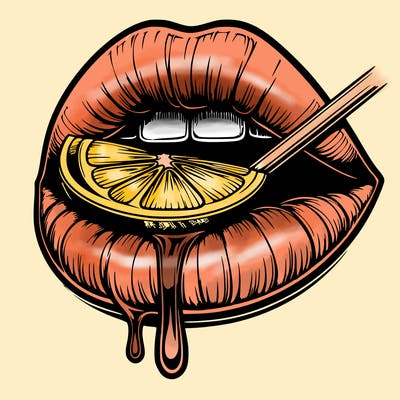realistic lips with drip, taking a bite of a lemon slice