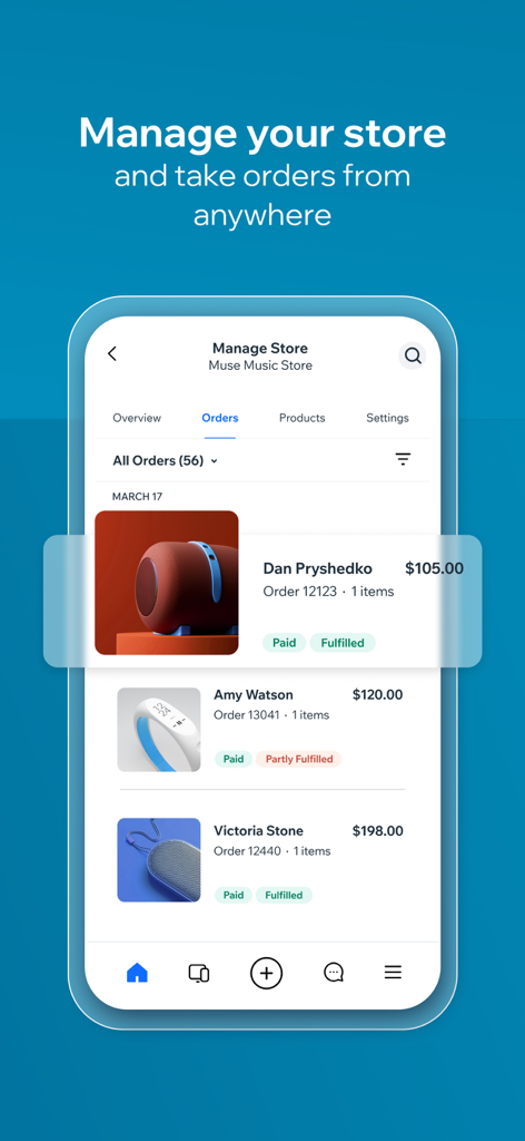 Wix mobile app interface showing the eCommerce order management dashboard for a music store