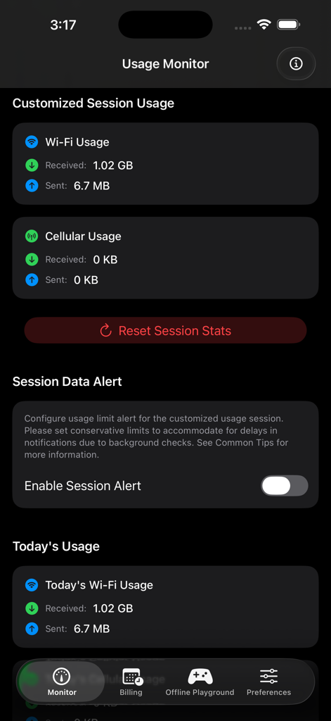 Bildschirm "Usage Monitor" mit Echtzeit-WLAN- und Mobilfunkdatenverfolgung für benutzerdefinierte Sitzungen.