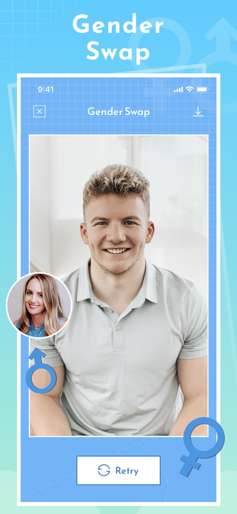Interfaz de la aplicación que muestra una función de cambio de género con un rostro masculino transformándose en un rostro femenino
