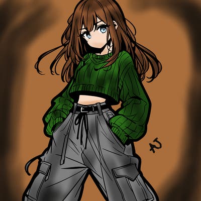 anime teen girl with baggy pants and crop top with sweater