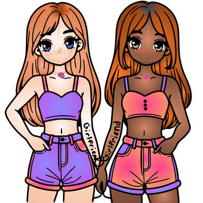 two sisters with crop tops and jean shorts and straight hair