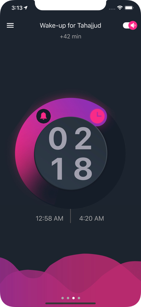 1Muslim-App-Oberfläche mit der Tahajjud-Weckereinstellung und einem kreisförmigen Timer.