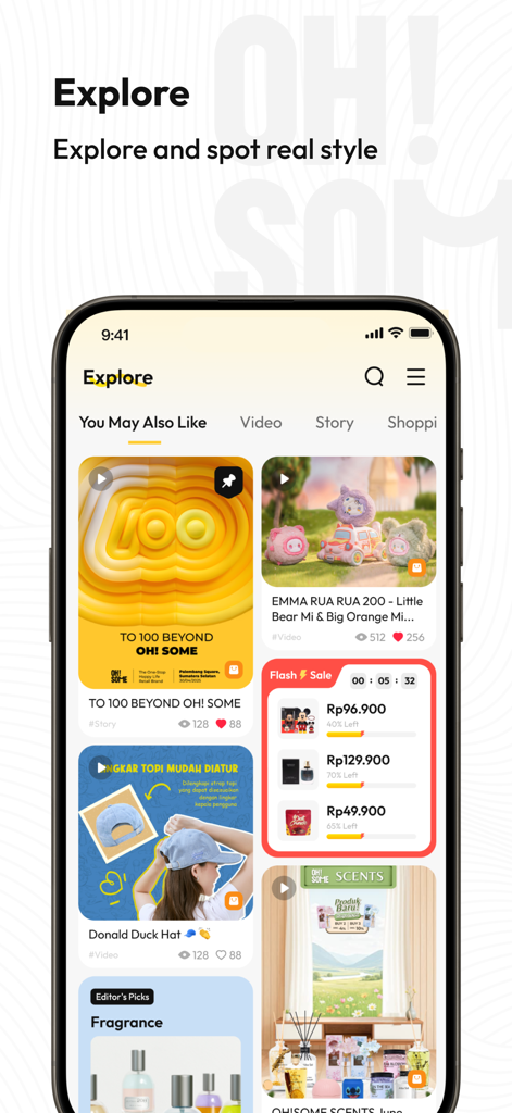 La scheda Esplora dell'app di shopping di lifestyle OH!SOME con un feed di prodotti curato e saldi lampo.