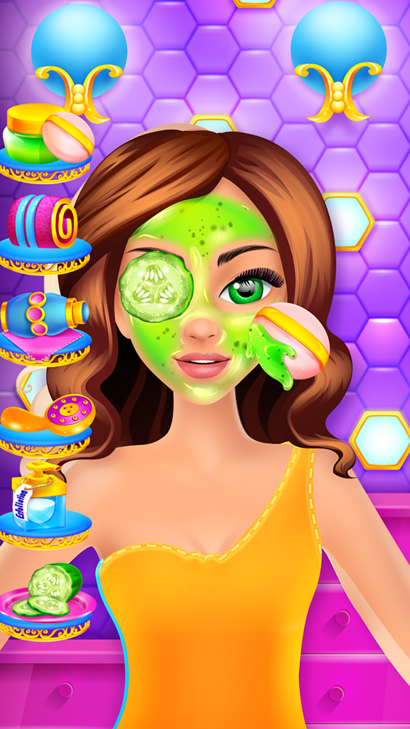 My Beauty Salon - Makeup, Spa, Dressup & Makeover - Una niña de dibujos animados recibiendo un tratamiento de mascarilla facial verde con rodajas de pepino en la aplicación Mi Salón de Belleza