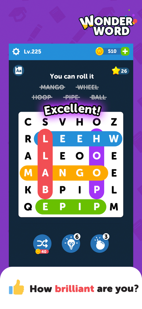Wonder Word game screenshot showing a word search grid with highlighted words and a level progress display.
