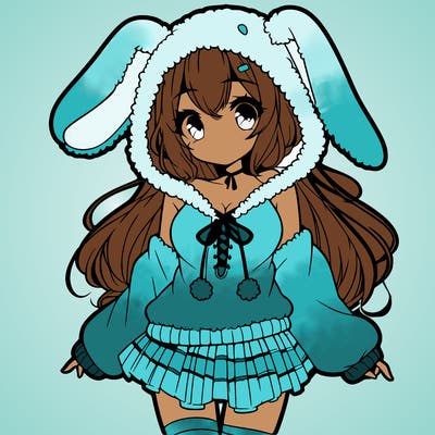 pretty anime girl wearing a fluffy hoodie with bunny ears on the hood and a skirt