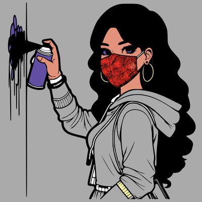 realistic girl with mask spray painting a wall