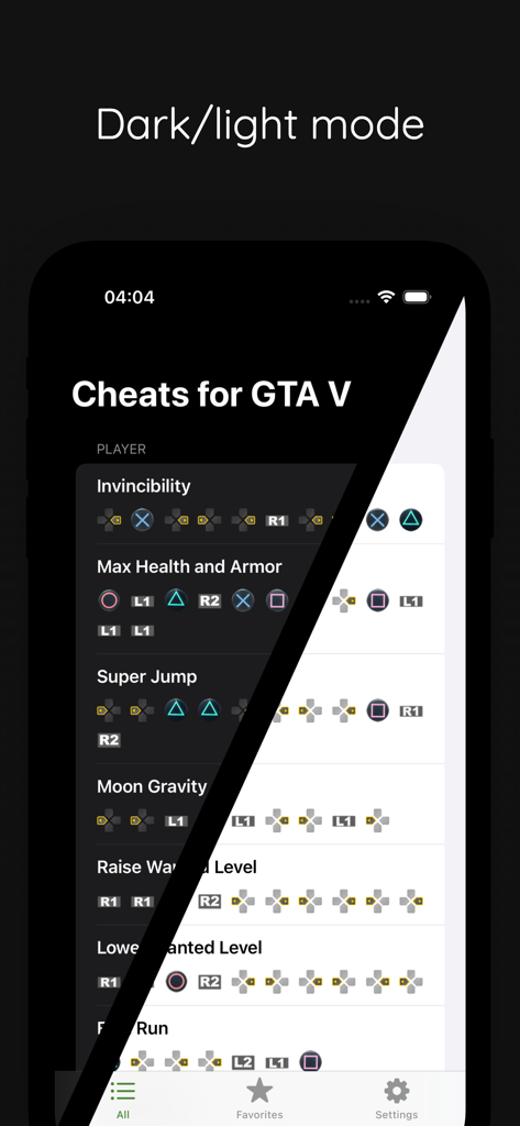 Interface de l'application Codes de triche GTA 5 montrant une division entre les thèmes en mode sombre et clair