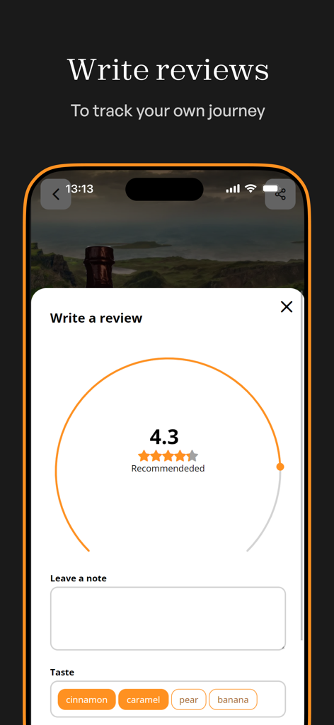Mobile app screen for writing a whisky review with star ratings and flavor profile notes