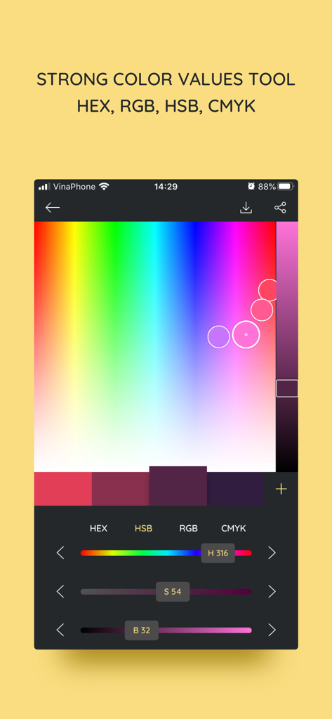Oberfläche der iPalettes-Mobil-App mit einem Farbauswahlwerkzeug mit einstellbaren HSB-Schiebereglern und Hex-Code-Werten