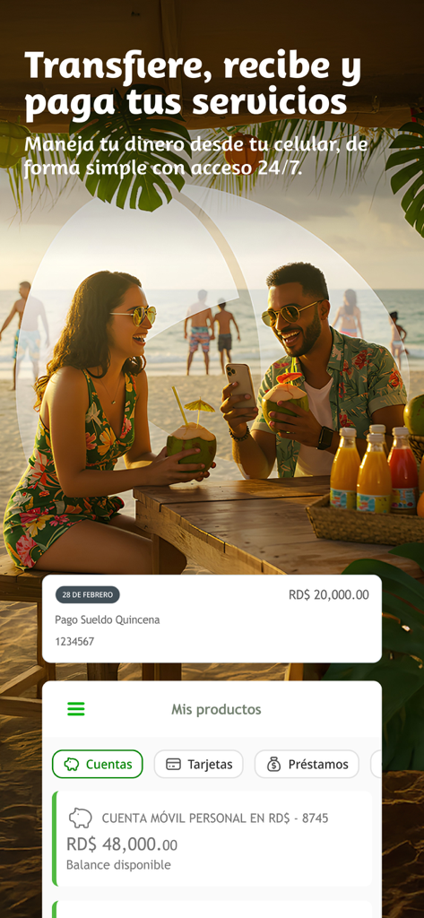 Móvil Banking Personal BHD - Oberfläche der Móvil Banking Personal BHD App, die den Kontostand und die letzten Transaktionen anzeigt