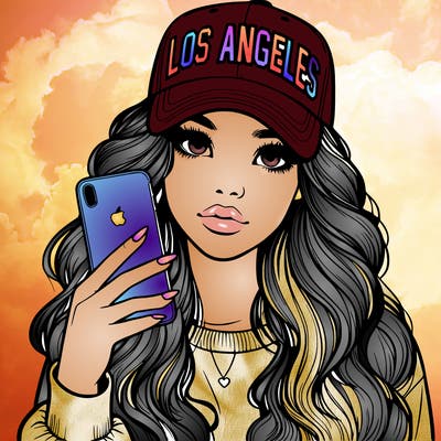 realistic beautiful girl wearing los ángeles cap holding an iphone