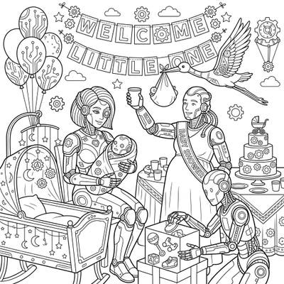 Dive into a truly unique celebration with this captivating Cyborg Baby Shower coloring page. Featuring endearing robot parents, a precious baby cyborg, and futuristic festivities, it's perfect for a creative coloring experience.