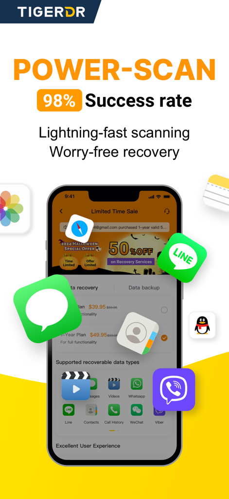 Tiger Data Recovery app interface highlighting a 98 percent success rate for iPhone data recovery and power scanning features