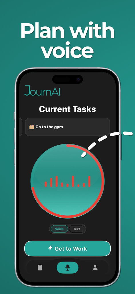 JournAI: Photo Habit Tracker - JournAI app interface showing voice activated task planning with a circular waveform display
