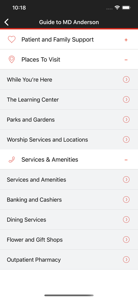 MD Anderson Mobile - A menu screen from the MD Anderson Mobile app titled Guide to MD Anderson listing hospital services like dining, pharmacies, and patient support.