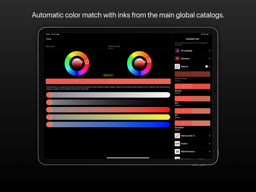 Inksquad Artist 앱 인터페이스가 iPad에서 전 세계 타투 잉크 카탈로그와 함께 자동 색상 매칭 기능을 보여줍니다.