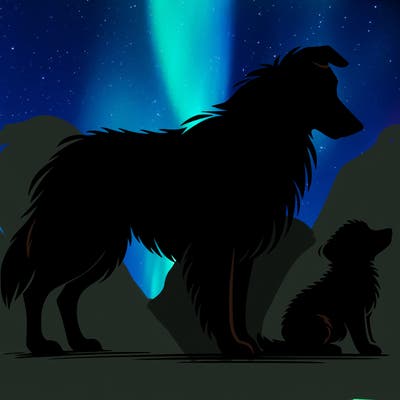 silhouette of a shepherd with his still and baby dog