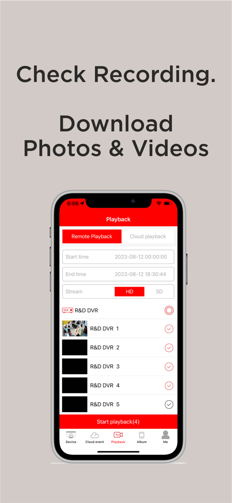 PVMS Pro 4K - Remote playback interface of the PVMS Pro 4K app for checking CCTV recordings