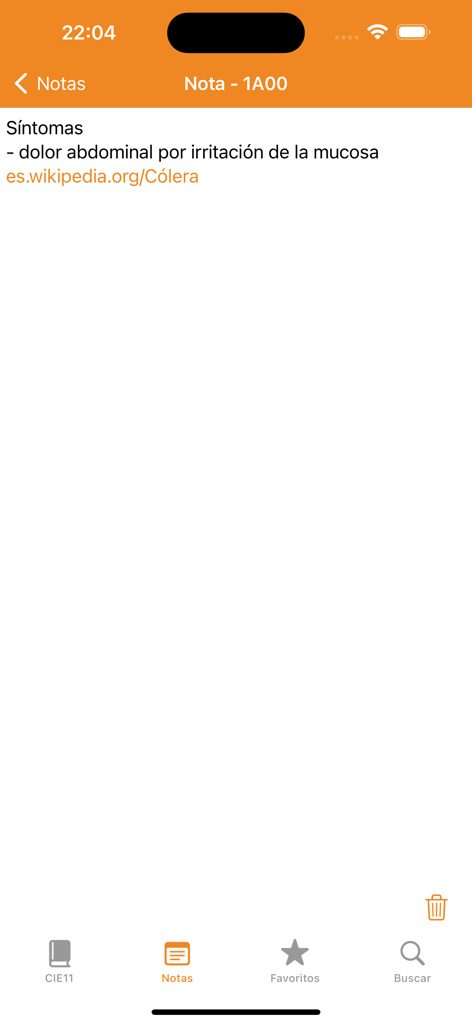 Interfaz de la aplicación cie11 que muestra la sección de notas para un código de diagnóstico CIE-11.