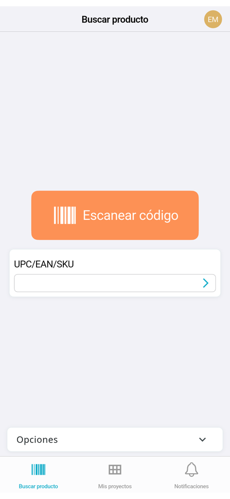 OPENCatman - Interface of the OPENCatman app showing the search product screen with a large barcode scanner button and a manual entry field for UPC EAN or SKU numbers.