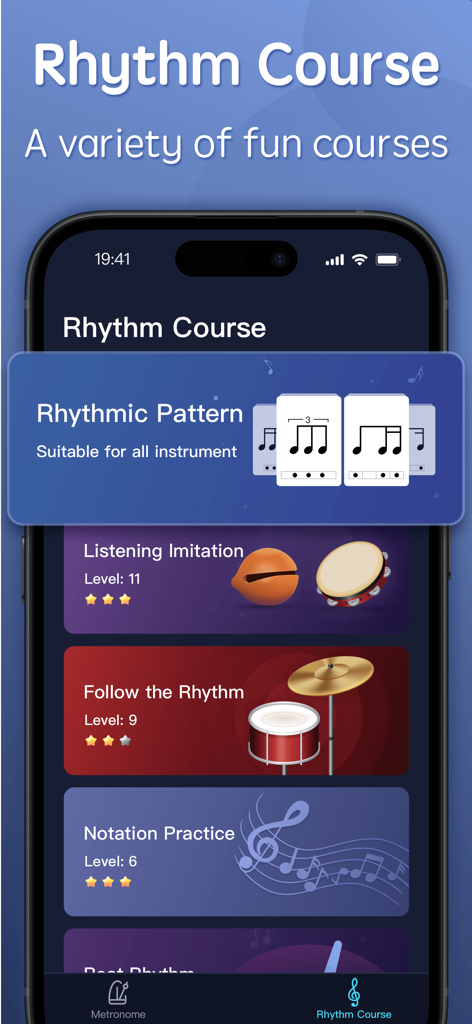 A mobile app interface displaying various rhythm training courses and exercises for musicians