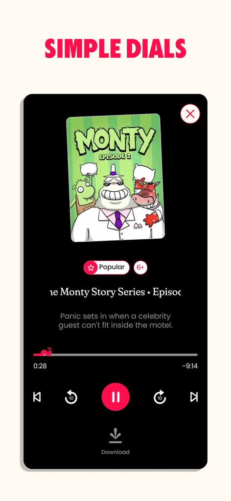 Audio player interface for Sooper Books kids app with simple controls and a story featuring Monty