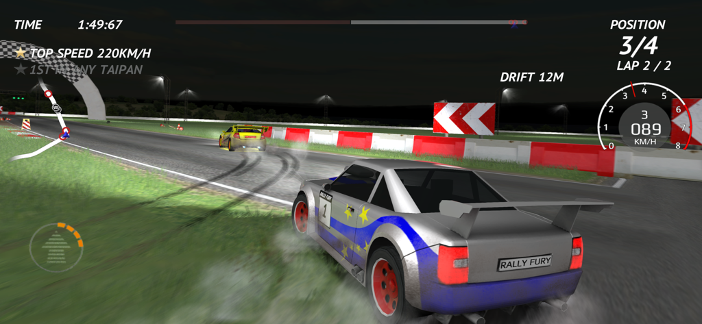 A silver rally car drifting on an asphalt track during a night race in Rally Fury Extreme Racing