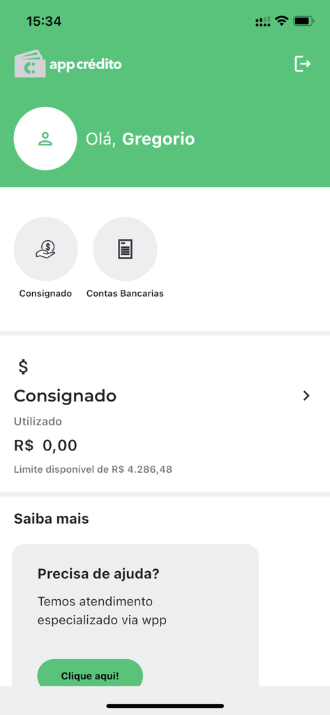 User dashboard of APP Credito showing available payroll loan limit and support options
