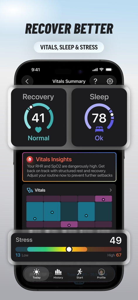 FITIV Pulse AI Workout Tracker - Dashboard FITIV Pulse che mostra costanti vitali, punteggio del sonno e monitoraggio dello stress