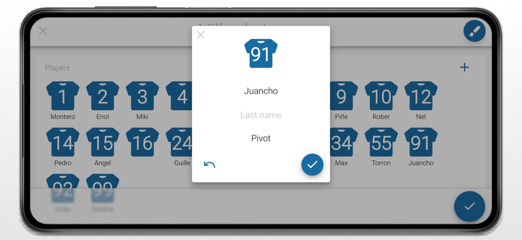 Interface of the Handball Scoreboard App showing a team roster with jersey icons and a player detail editing popup.