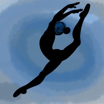 gymnast doing a leap in a leotard with a bent back leg