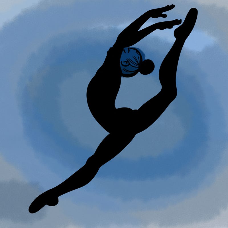 gymnast doing a leap in a leotard with a bent back leg