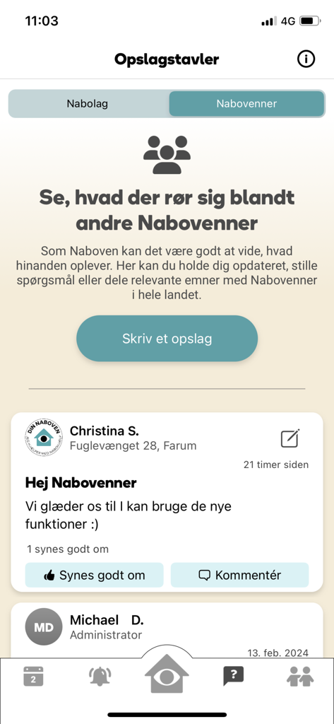 Nabohjælp - 近所の投稿と投稿作成ボタンが表示された近所掲示板を示すNabohjaelpアプリのモバイルインターフェース。