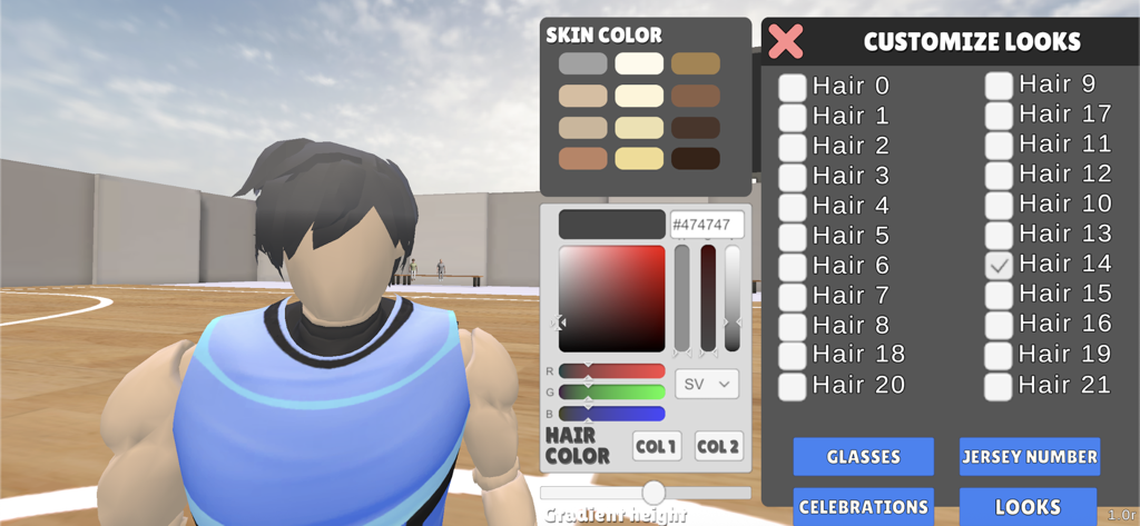 Unmatched Basketball - Character customization menu in Unmatched Basketball showing skin color and hair style options