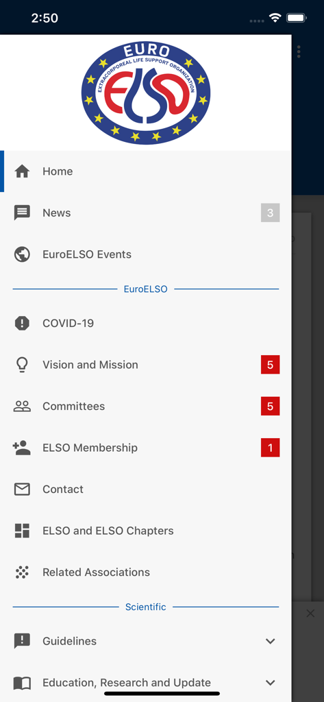 Menu de navegação lateral do aplicativo EuroELSO com links para notícias, eventos e diretrizes médicas