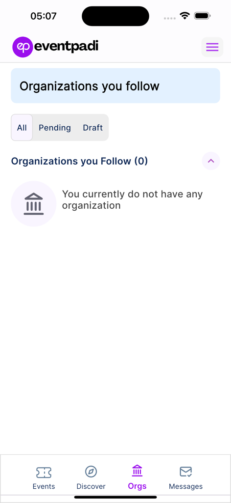 EventPadi - Interfaz de la aplicación EventPadi que muestra la sección de organizaciones que sigues con un mensaje de lista vacía.