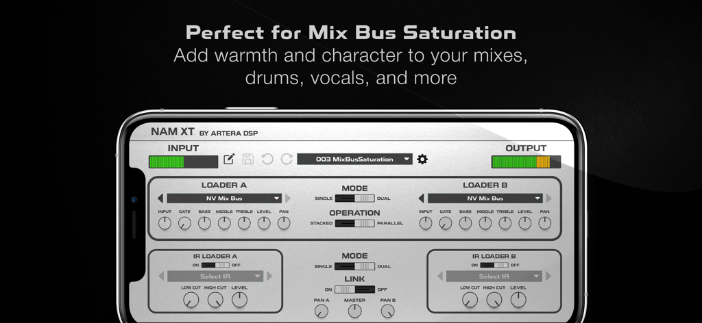 Interface do aplicativo Nam XT Neural Amp Modeler mostrando controles de carregador duplo para saturação de mix bus.