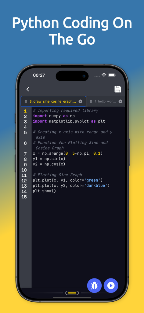 Python Coding Editor 3 IDE App - Interfaz de editor de código Python en la pantalla de un smartphone mostrando un script para graficar las ondas seno y coseno