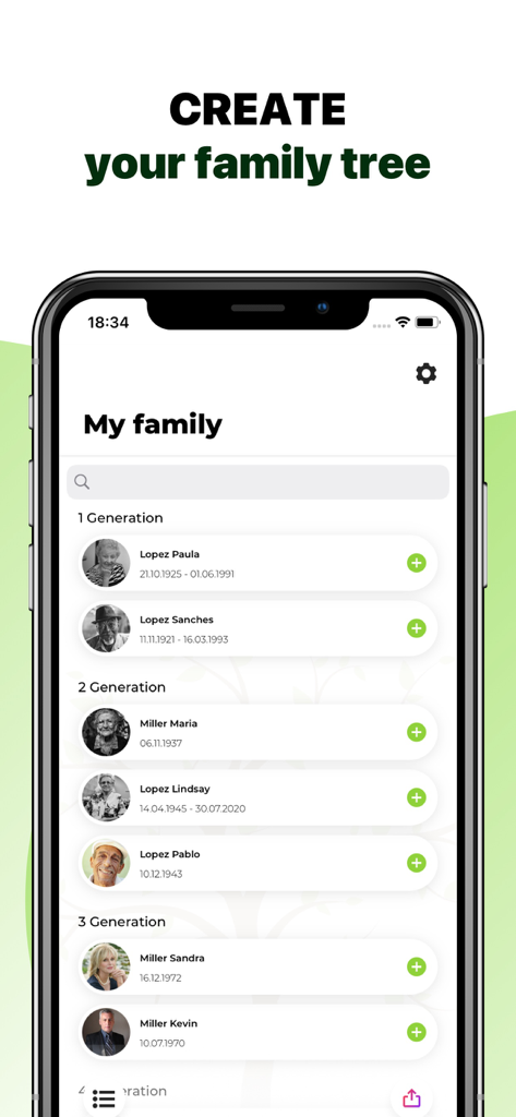 Family Tree: Heritage History - Mobile app interface showing a list of family members organized by generations with photos and names.