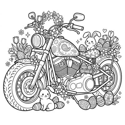 Get ready for a unique Easter celebration with this incredible bobber motorcycle coloring page! Adorned with charming bunnies, festive eggs, and beautiful spring flowers, it's a perfect blend of cool and cute for your holiday coloring adventure.