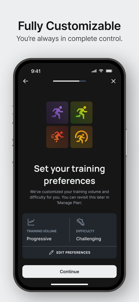 Interface of Runna app showing customizable training volume and difficulty settings