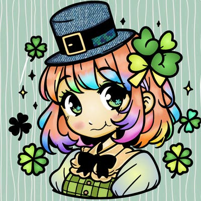 a manga-style girl with clovers around her, a little hat in her hair, like it's saint patrick's day