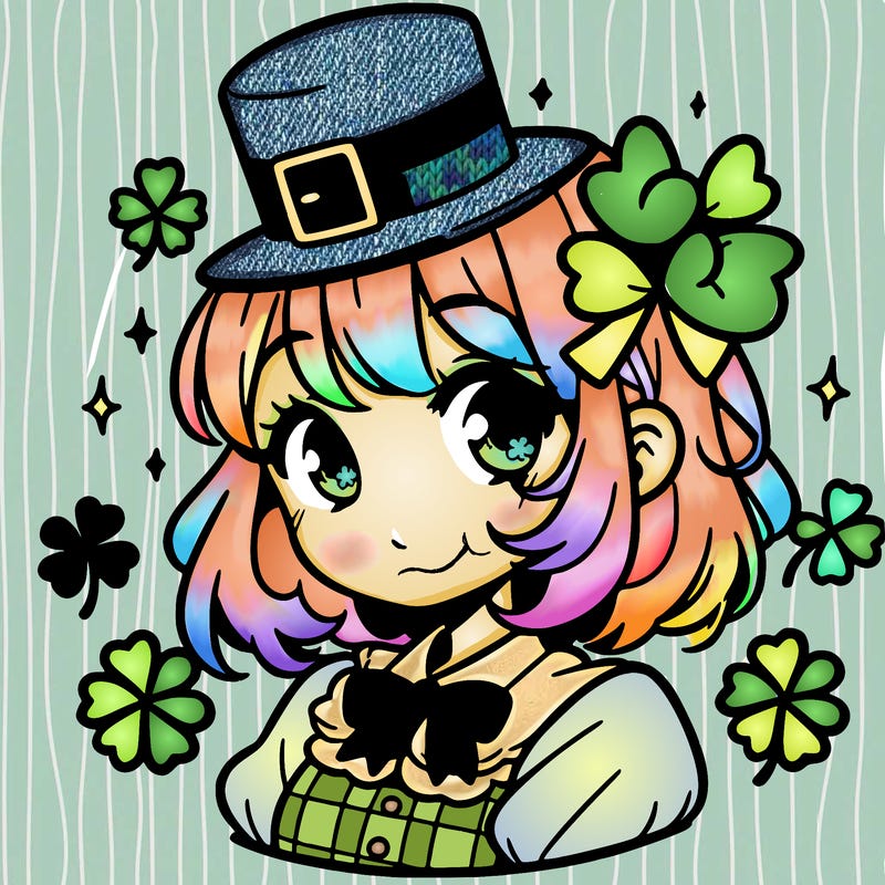 a manga-style girl with clovers around her, a little hat in her hair, like it's saint patrick's day