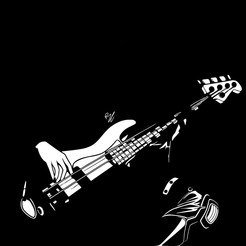cyberpunk anime femme human in leather with a bass guitar