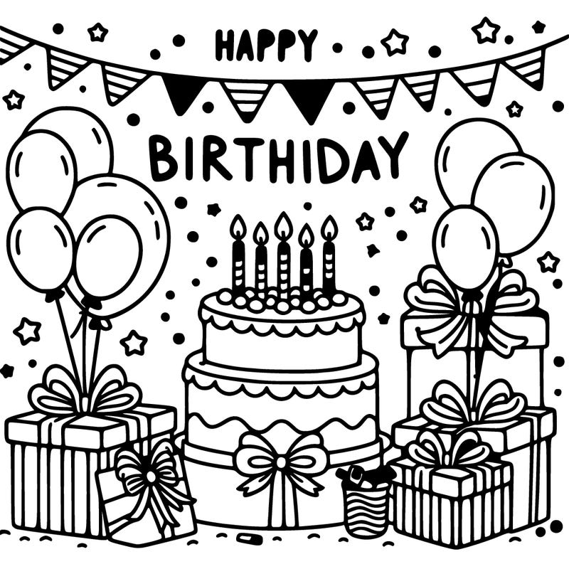 happy birthday with cake balloons and presents