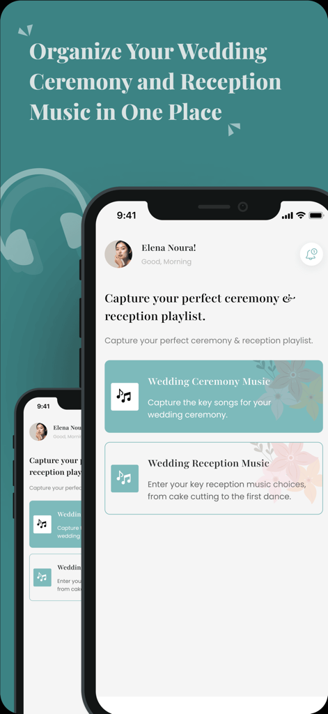My Wedding Music. - Pantalla de iPhone mostrando el panel de la aplicación Mi Música de Boda con categorías de planificación de música para ceremonia y recepción