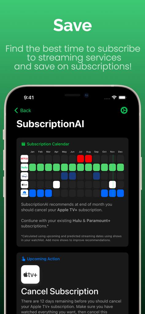 Originals for Hulu - Función SubscriptionAI en la aplicación Originals for Hulu que muestra un calendario para optimizar y ahorrar en costos de streaming