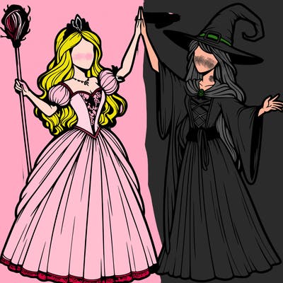 detailed realistic split of a princess and a witch
